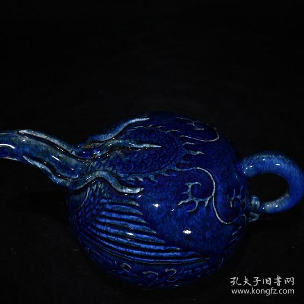 元代洒蓝釉雕刻凤首壶倒流壶老货收藏