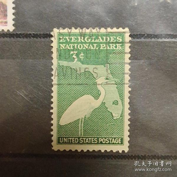 美国邮票1947 佛罗里达沼泽地 鸟类 地图 1全信销旧票揭薄