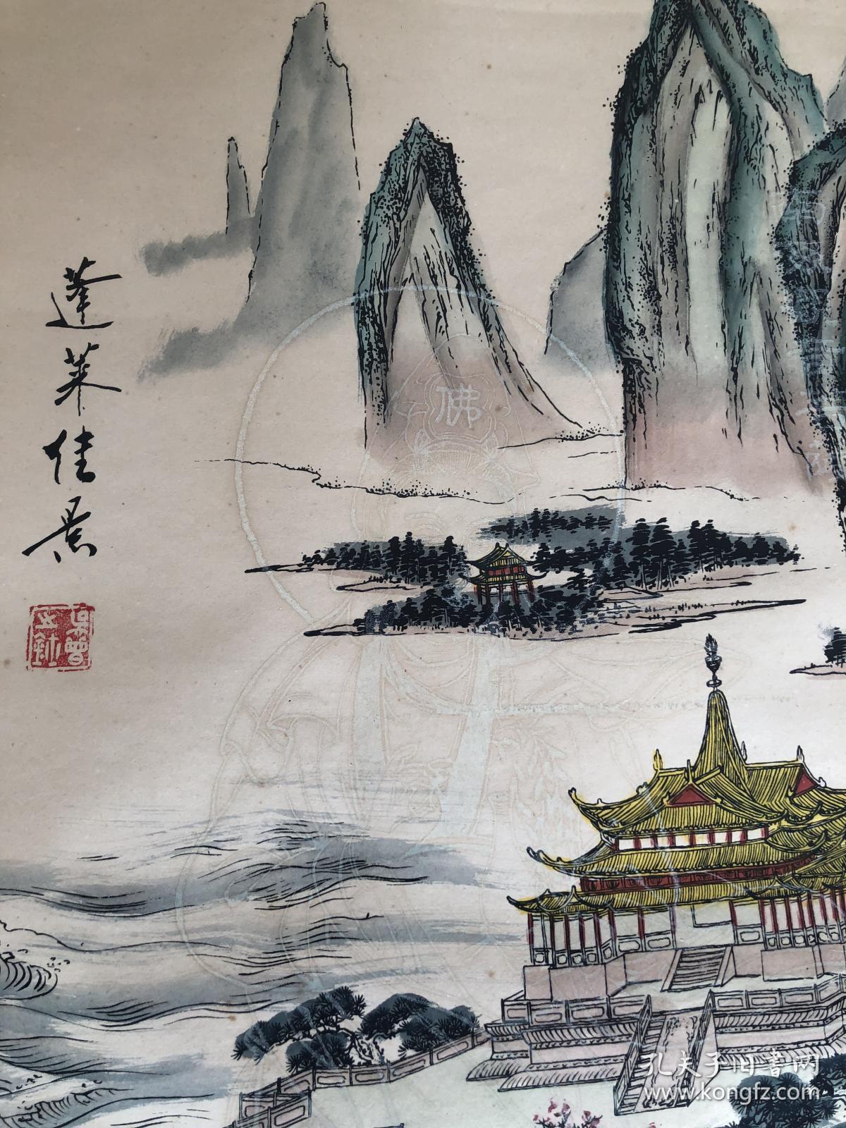 吴增 活画 蓬莱佳景,山水楼阁画中观音佛像影现其中,手绘真迹,画工一