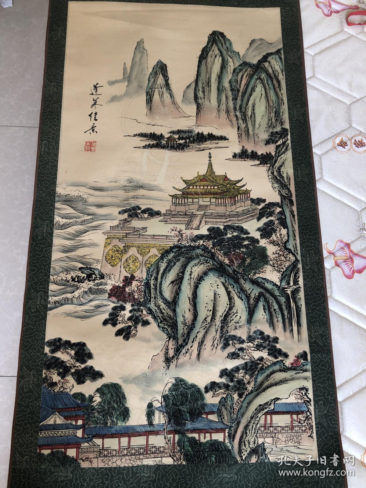 吴增 活画 蓬莱佳景,山水楼阁画中观音佛像影现其中,手绘真迹,画工一