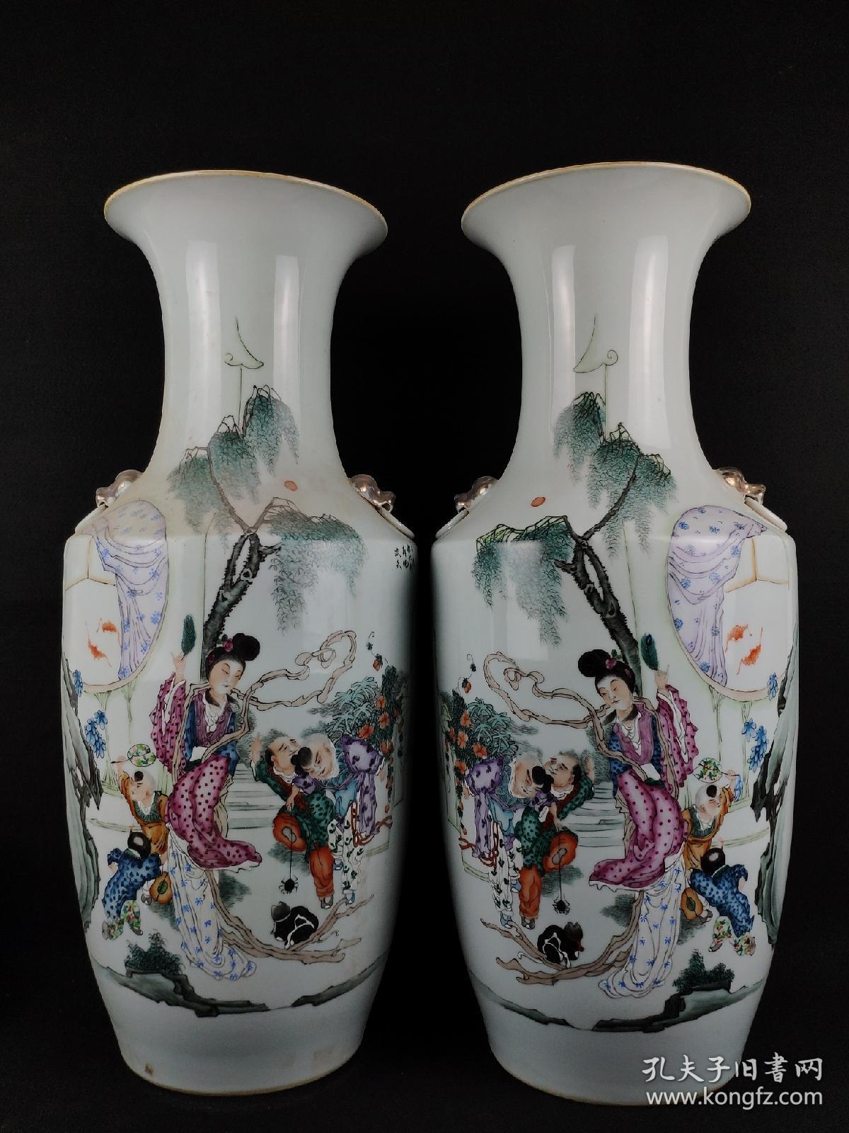 民国时期名家曾升泰婴戏人物大瓶一对全品完整无破损物品实拍如图