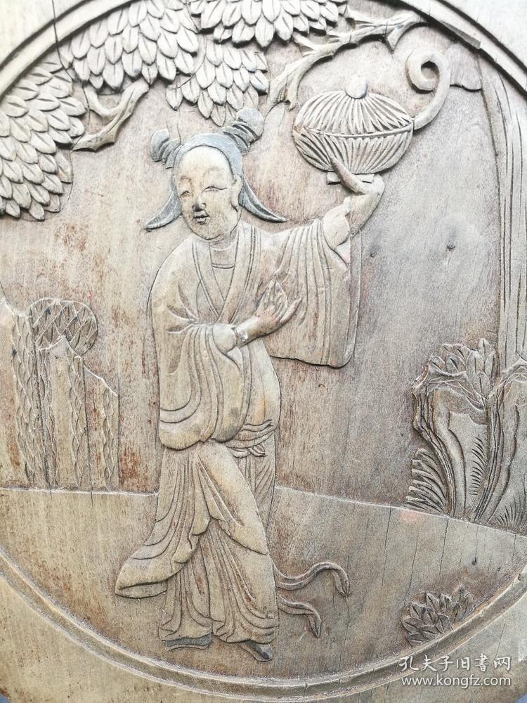 清花板圆形一对 浅浮雕 《和合二仙》《和合二圣》包浆厚实 板子超厚