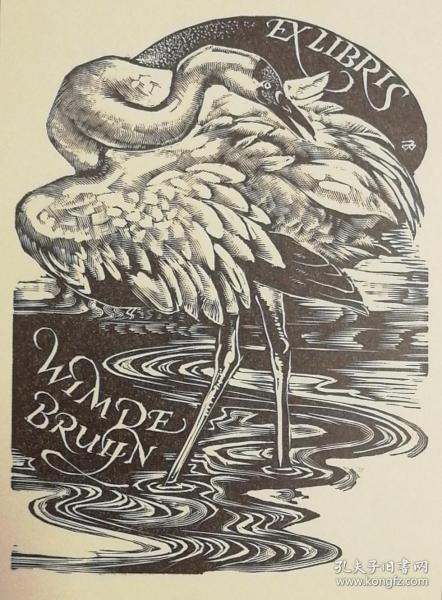 约二十世纪七八十年代欧洲艺术家创作《大天鹅》精美木刻藏书票一枚