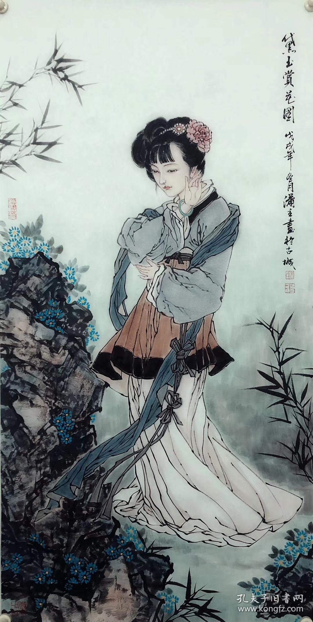 潇立老师,《黛玉赏花图》——风拂面,知春暖.墙外桃花已烂漫.