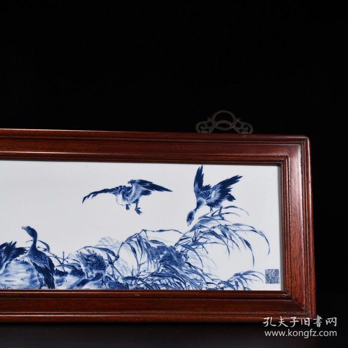 民国竹溪道人王步青花芦雁瓷板