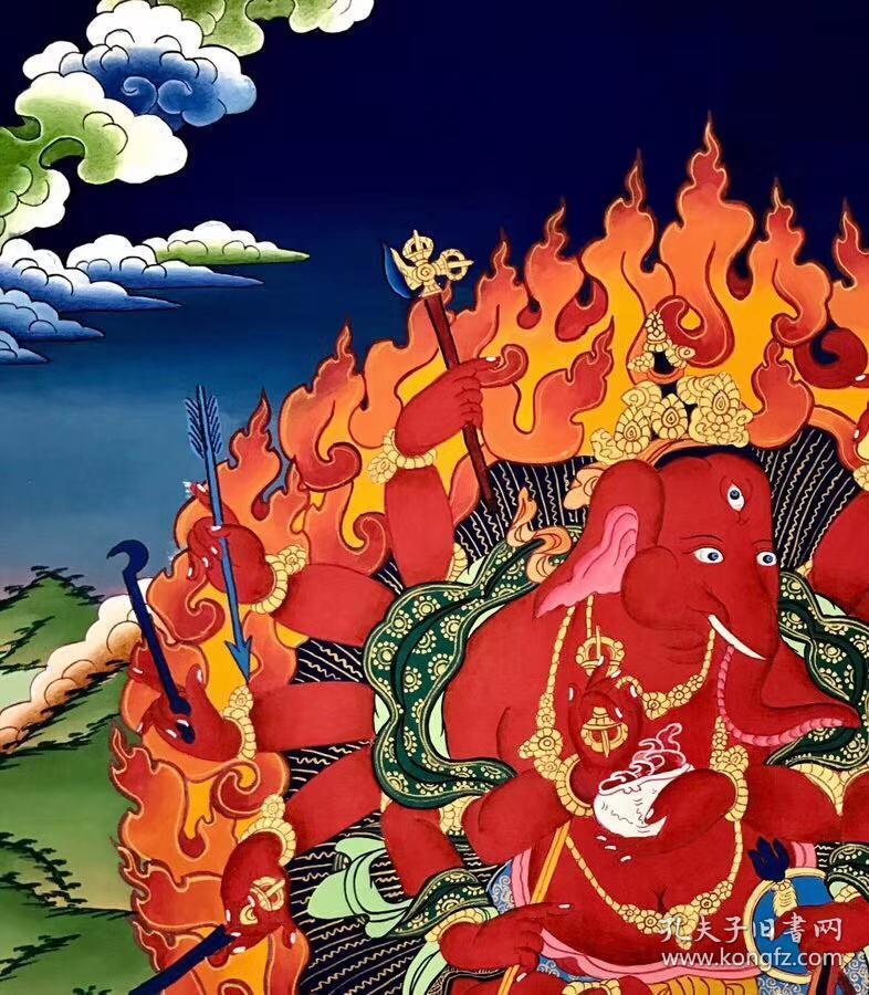 【象头财神】精品彩唐 喇嘛手精绘品 有签名落款
