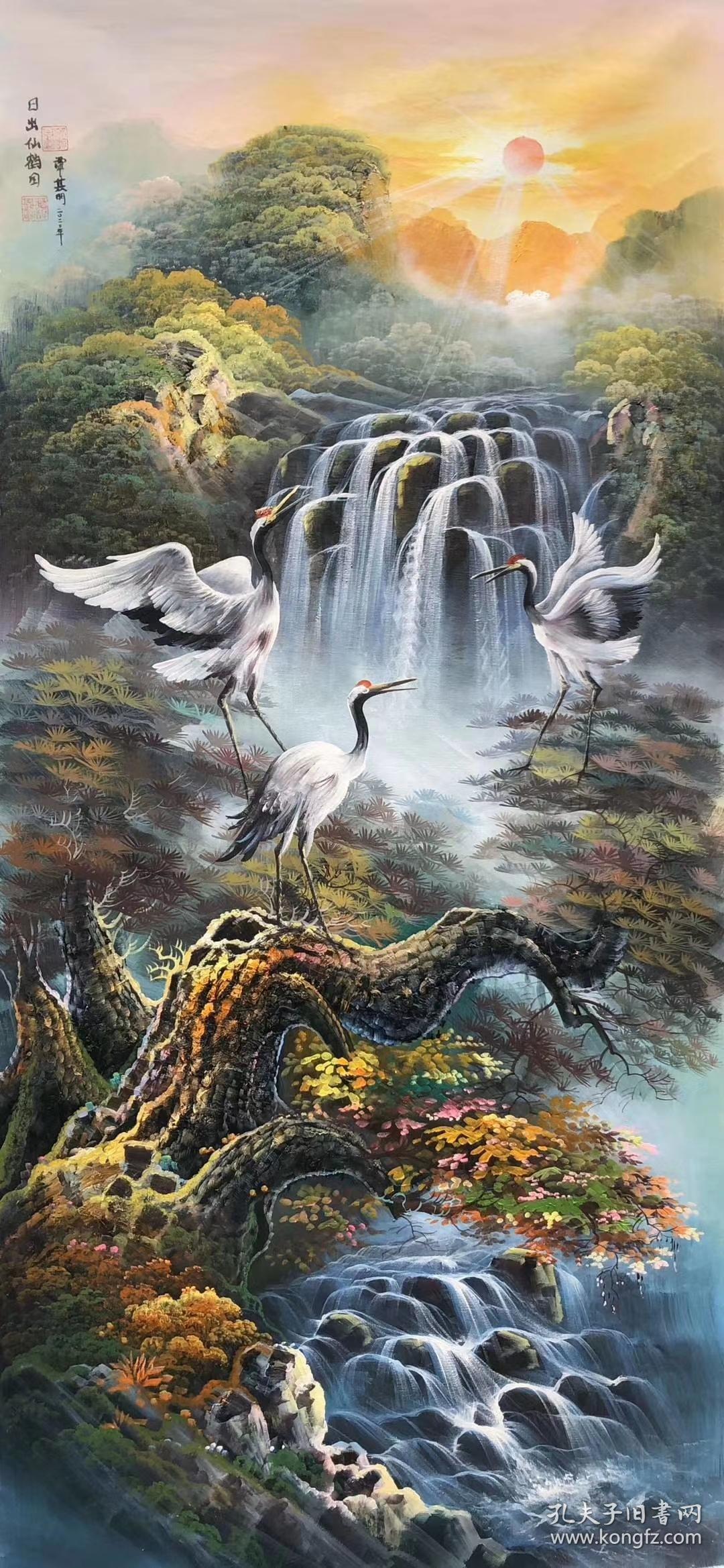 【卖家保真】当代著名画家谭其明老师精品油画《寿鹤千年》 保真保