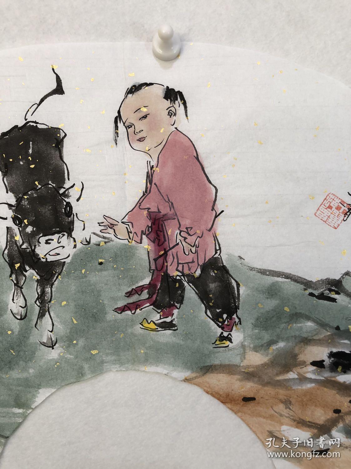 【手绘名家款】12436手绘范曾款两平尺扇面软片【童子牧牛图】范曾