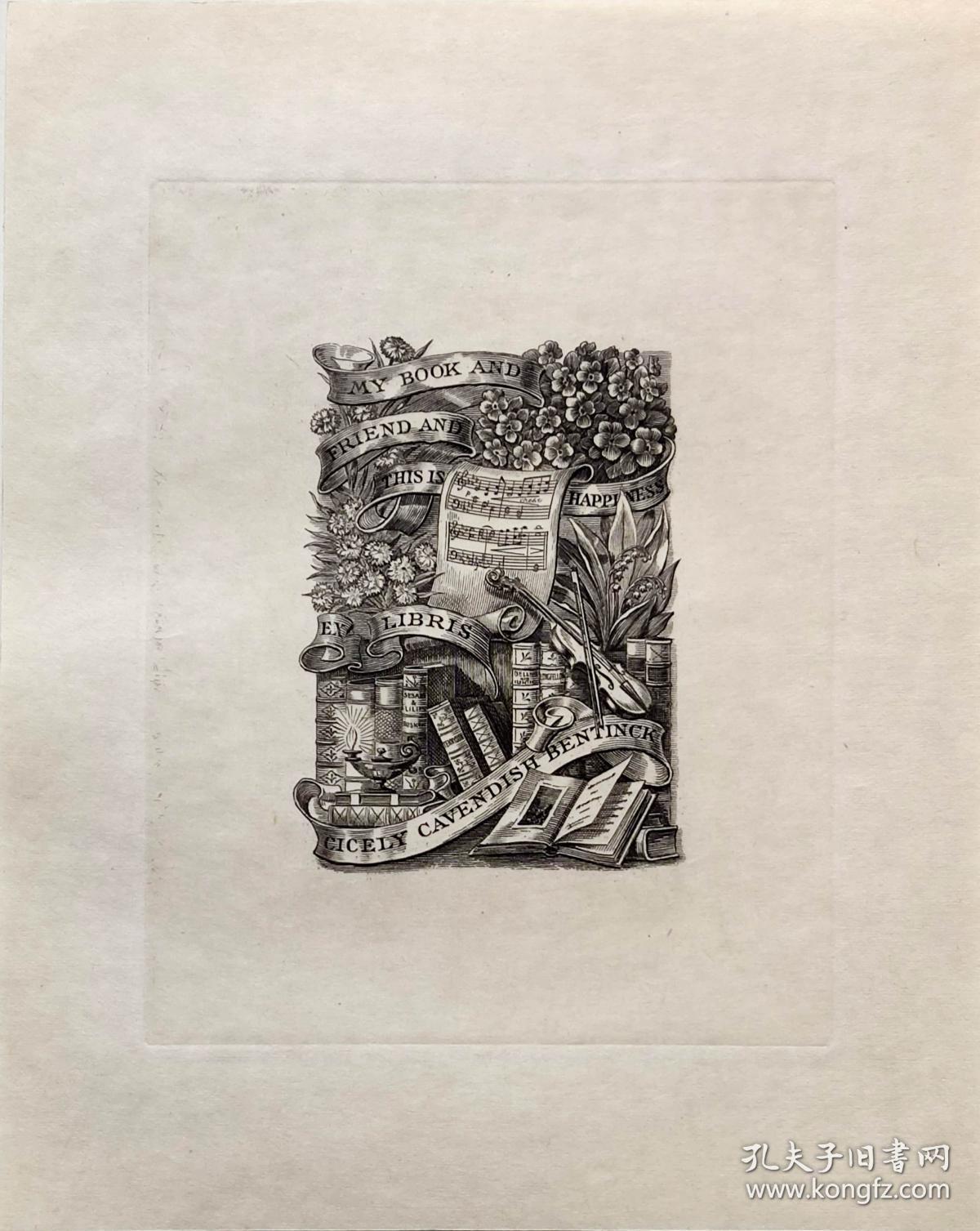 p.barrett铜版藏书票——《书籍音乐鲜花》 1900
