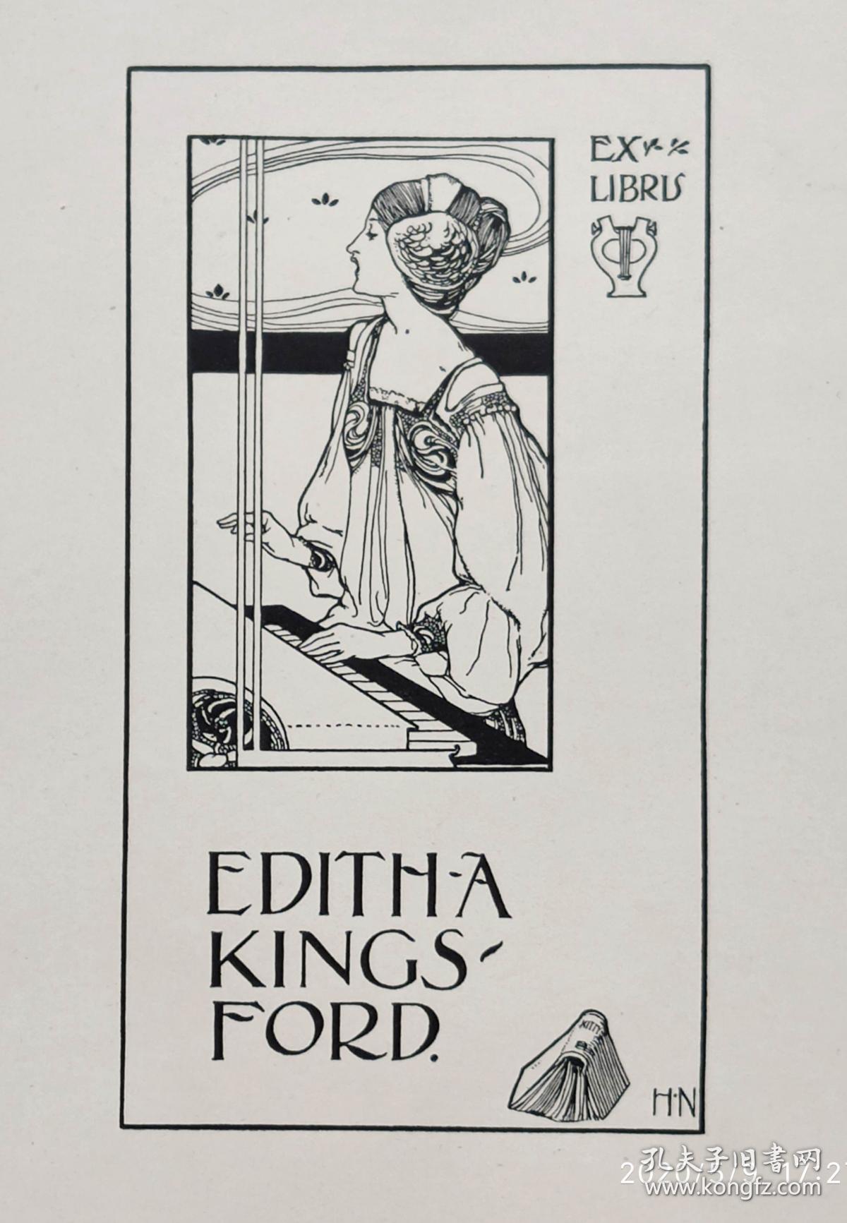 h.nelson"线刻藏书票—《弹唱的仕女》1900