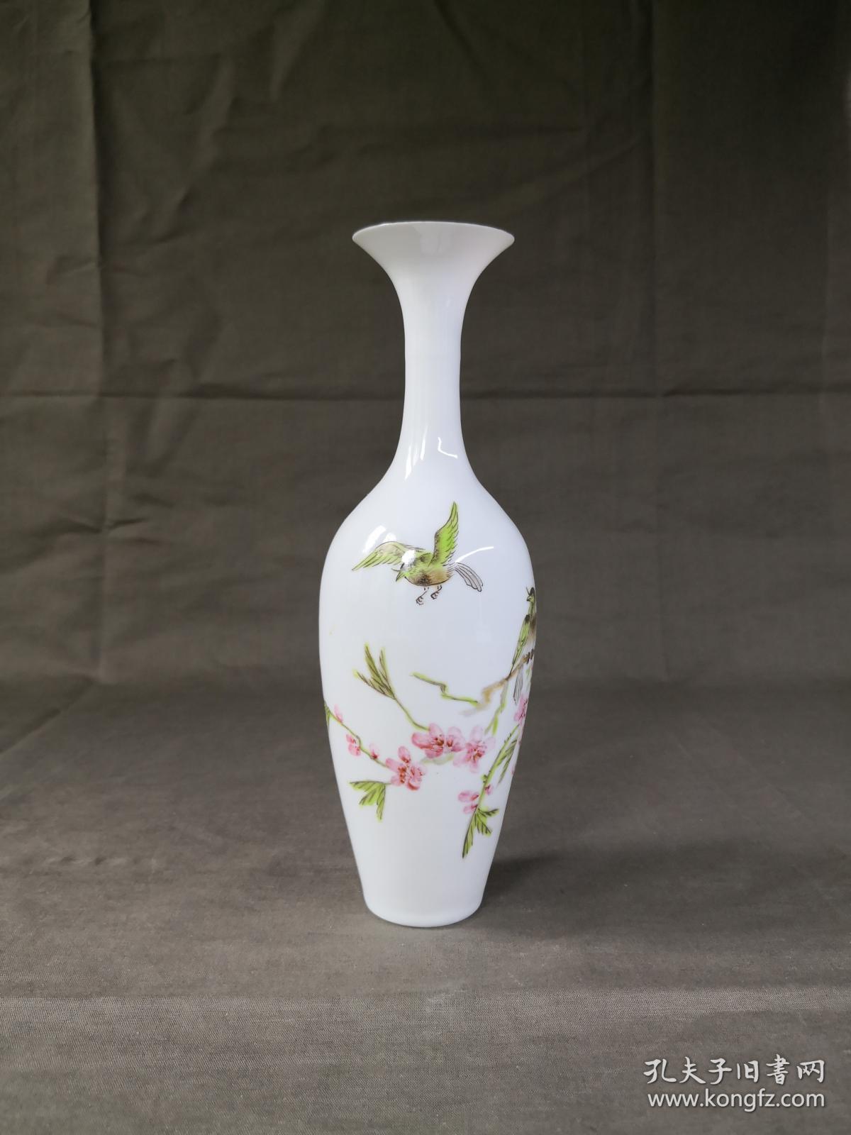 80年代 东方航空定制 手绘粉彩花鸟薄胎花瓶 原盒 日本回流