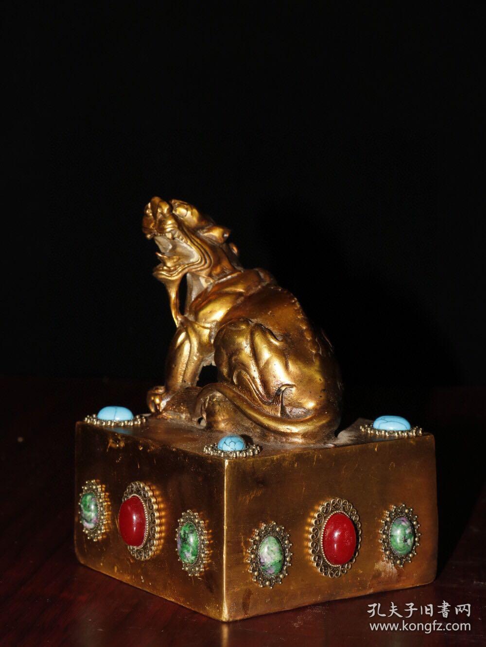 珍藏老黄铜镶嵌宝石【雍正敕命之宝】招财貔貅古兽玉玺铜印章书房闲章
