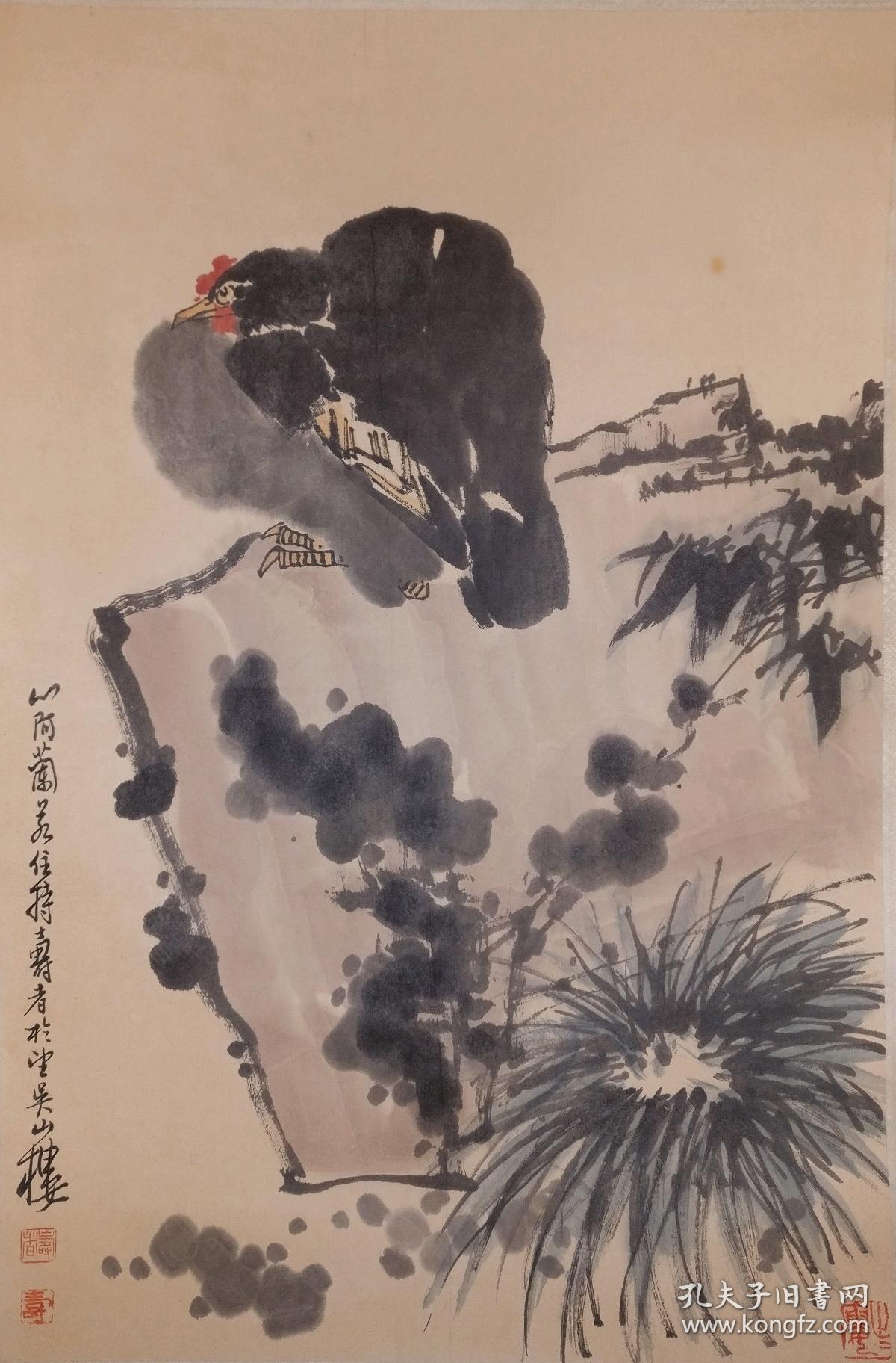 潘天寿花鸟磐石墨鸡图立轴