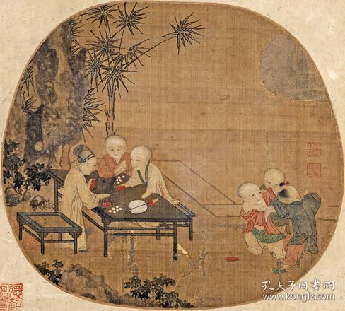 宋小品苏汉臣秋庭戏婴图页26x288cm绢本艺术微喷画芯11复制