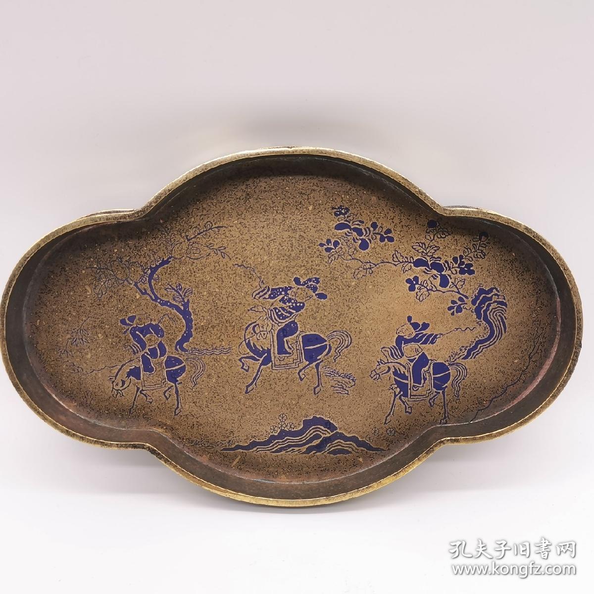 滇南万宝斋顾记狩猎图铜茶盘