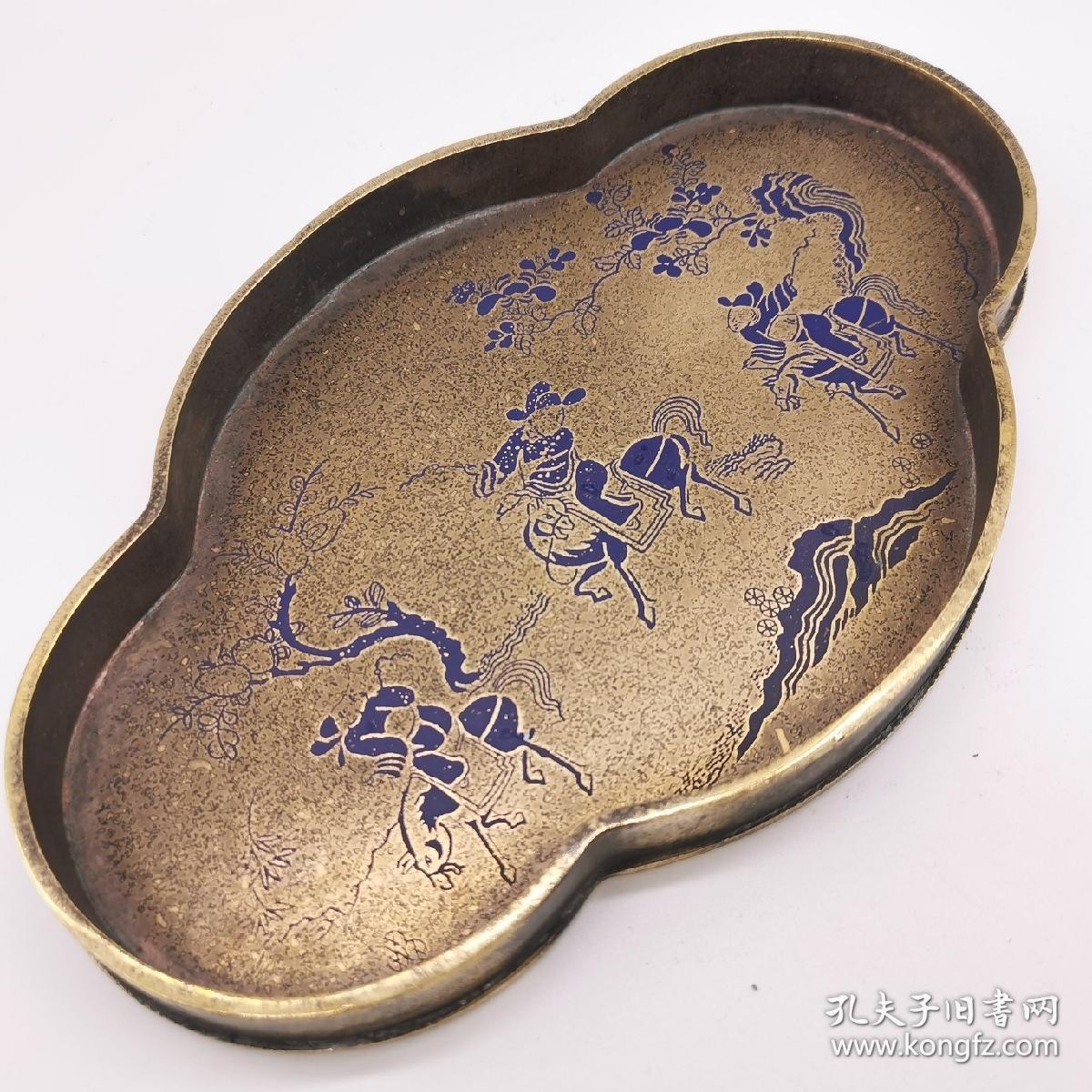 滇南万宝斋顾记狩猎图铜茶盘