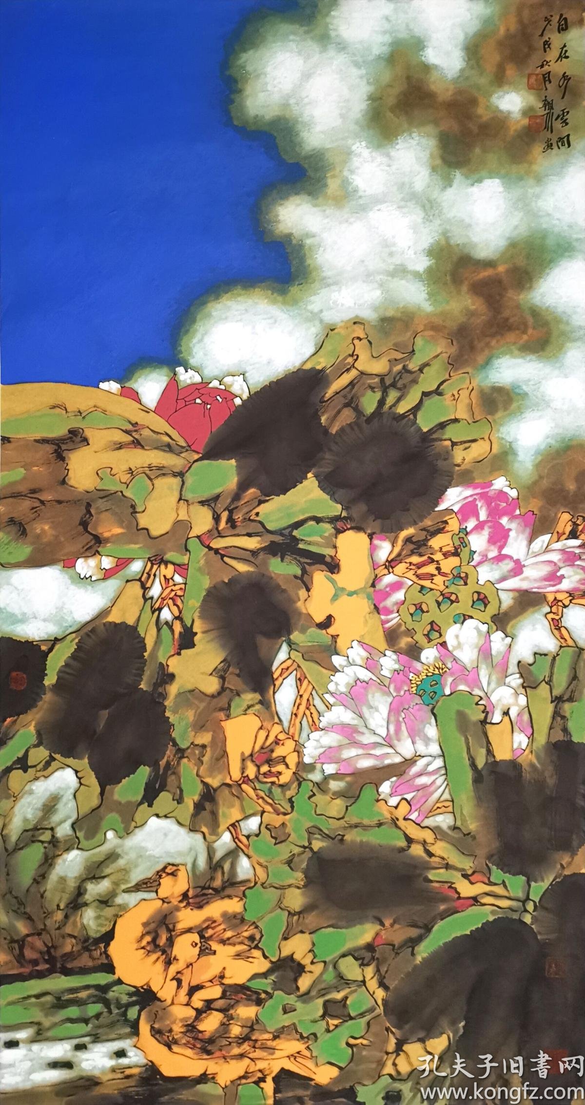 中美协会员当代岩彩画开创者胡朝水《自在彩云间》四尺整张作品.