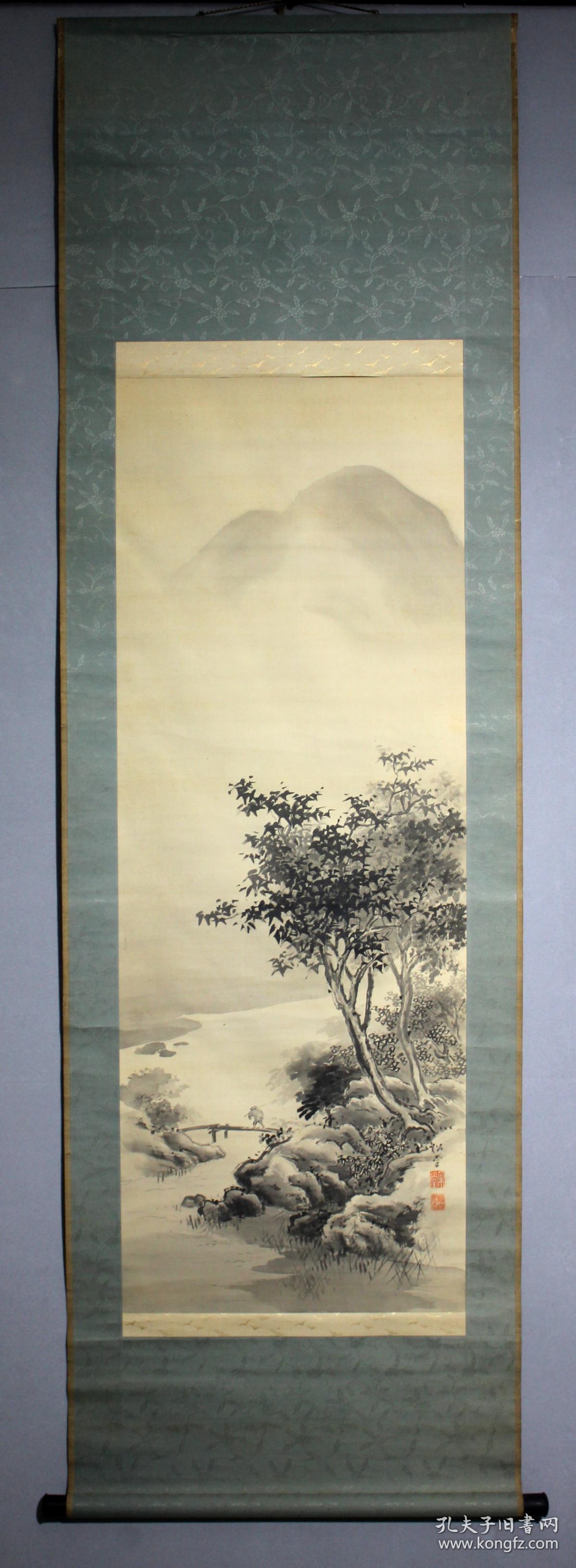 日本名家绘画平田松堂枫溪渔归图保真