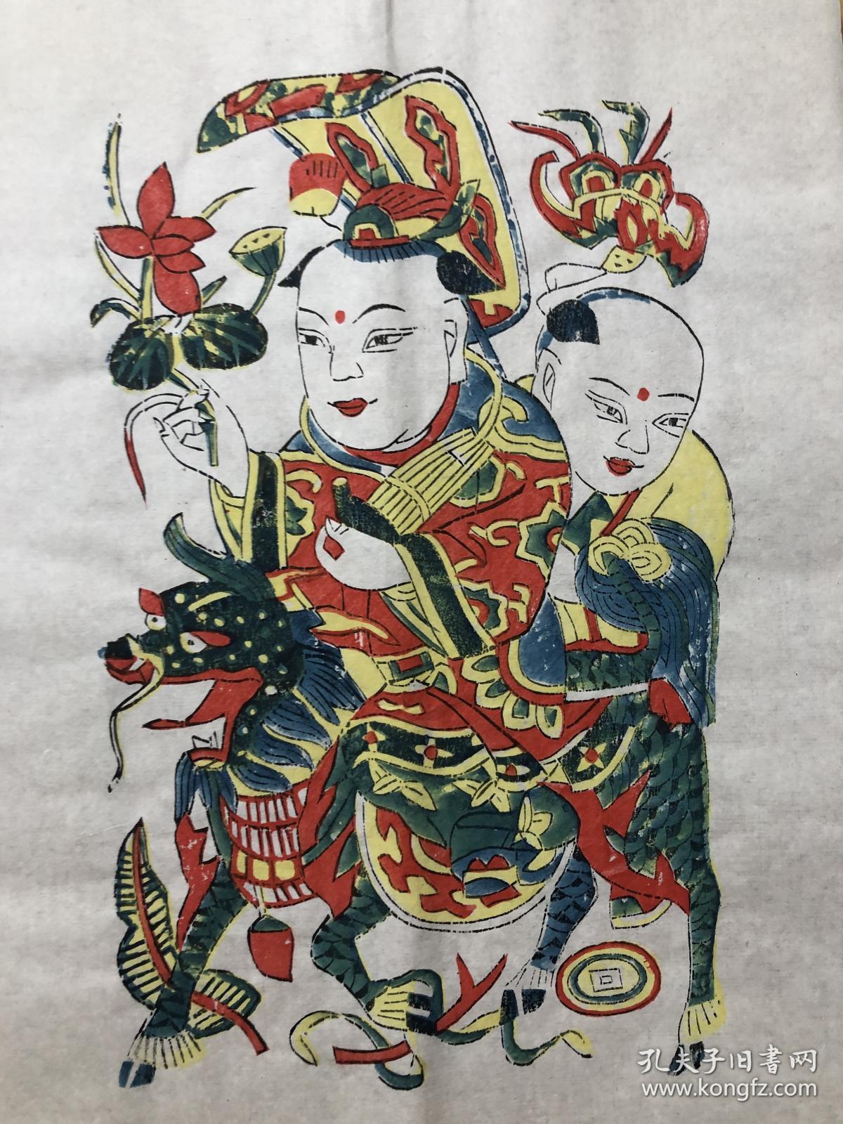 木版年画麒麟送子33522cm民国老版老画颜色古朴保存良好