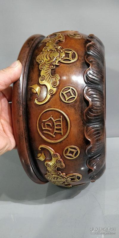 特价秒杀7980元保真美品明清时期老紫铜鎏金聚宝盆