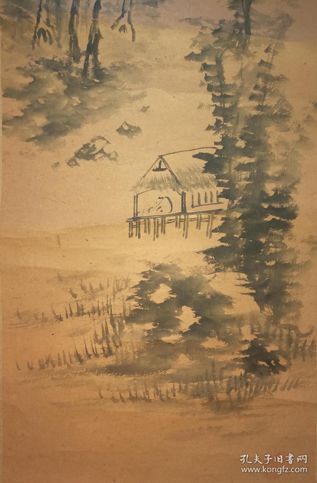 日本著名画家田能村直入水墨山水图日本原裱立轴
