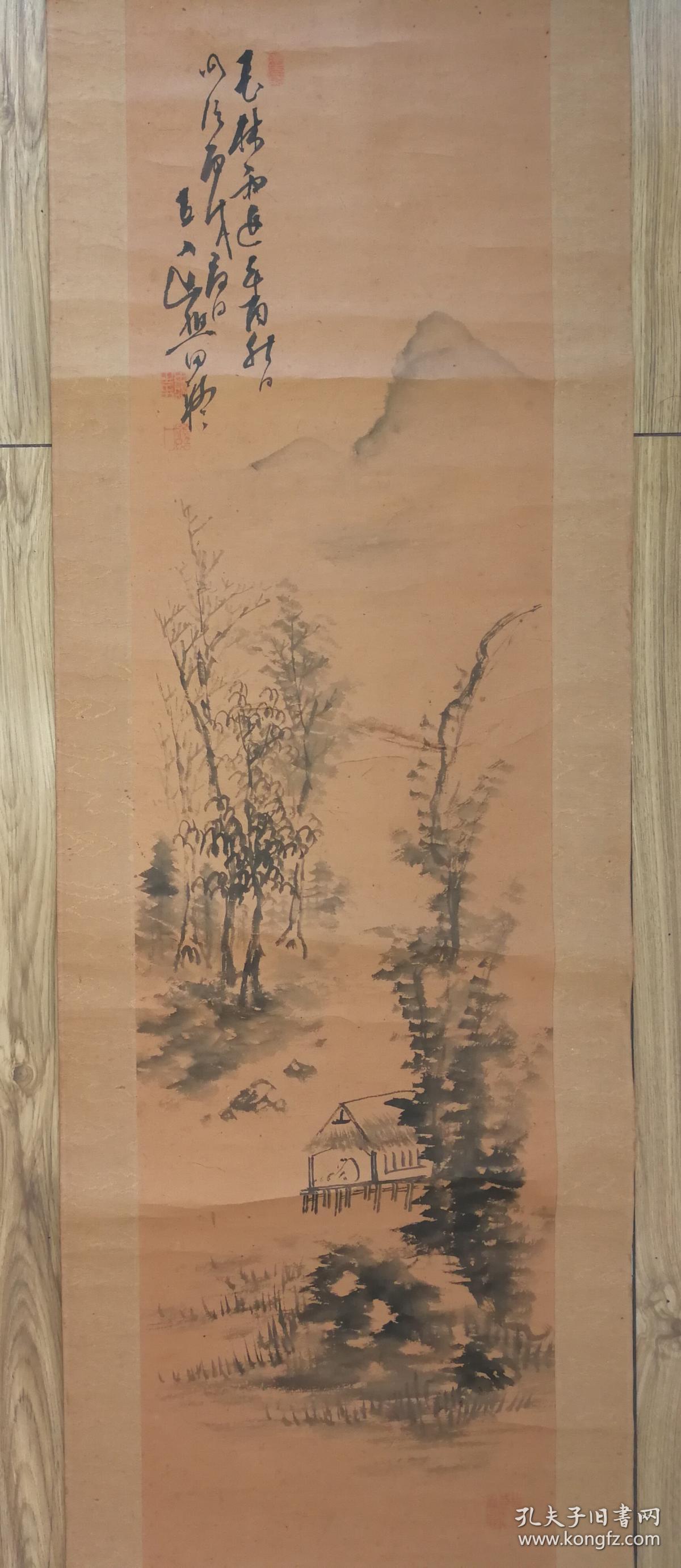 日本著名画家田能村直入水墨山水图日本原裱立轴