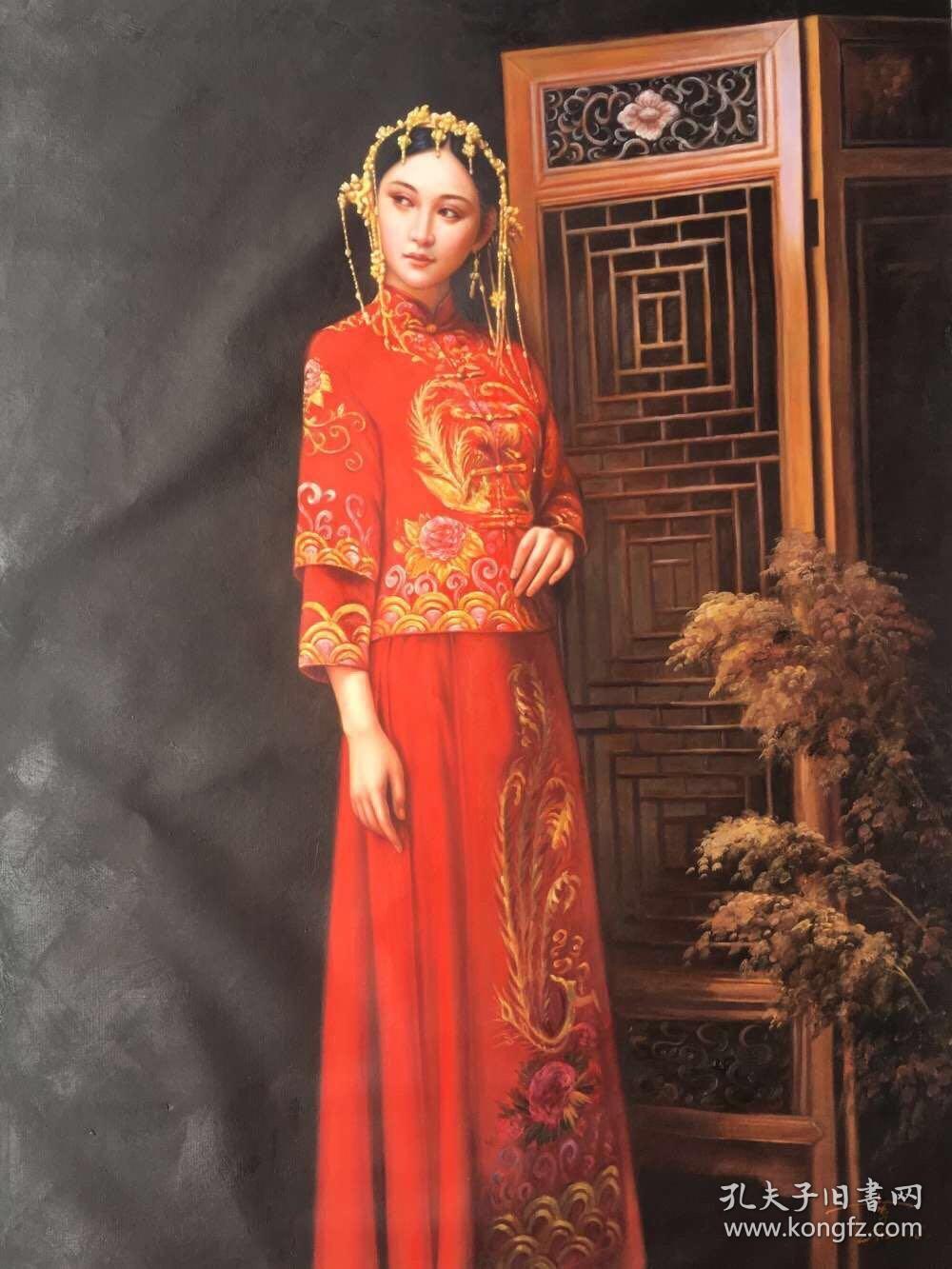 当代唯美写意画派陈一茗老师写实油画作品《红衣新娘》.