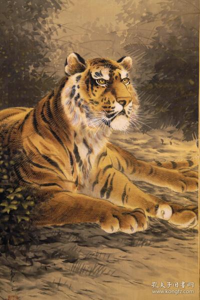 日本名家吉井英二(师承山内多门),卧虎图,手工装裱,老画,品相好,绢本