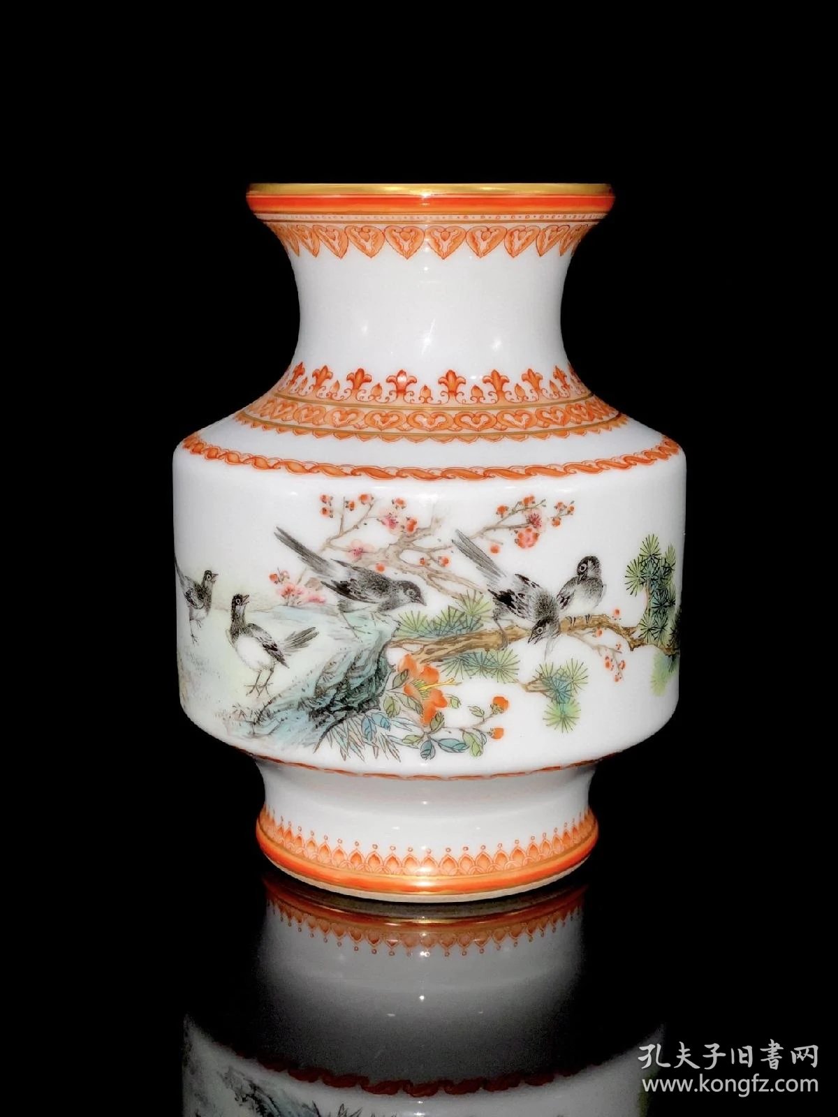 景德镇艺术瓷厂美研室出品 汪以俊之作 矾红描金图案边 花鸟题诗 喜字
