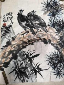 漂亮著名画家李苦禅大师，松竹双鸟图，50*75CM，编号688