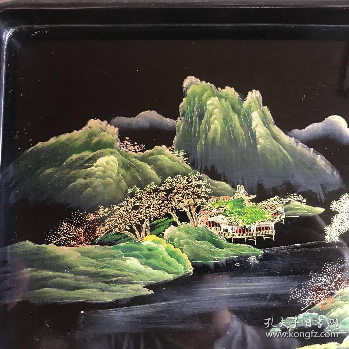 h-0529海外回流 八十年代福建福州脱胎漆器 描金彩绘青山绿水茶盘 未