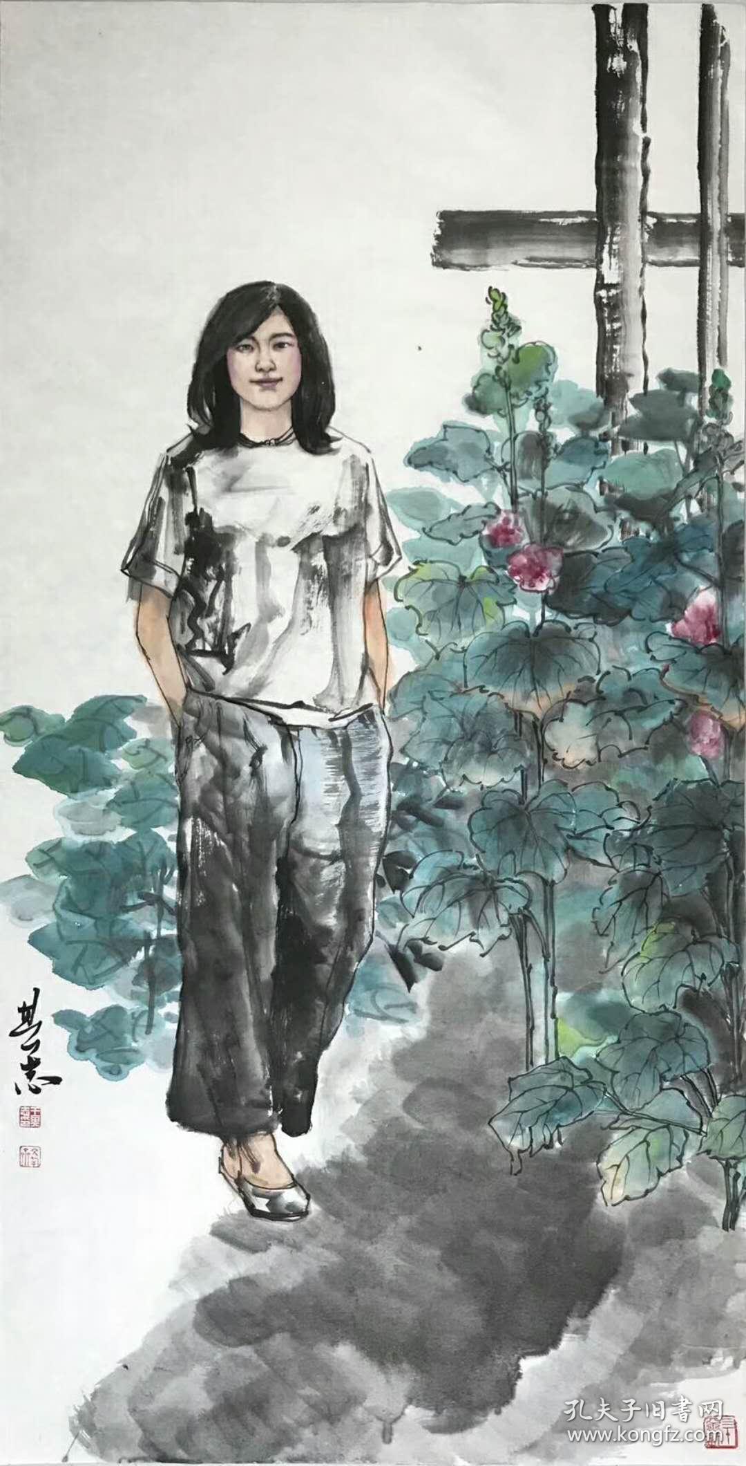王其志国画人物蜀葵少女