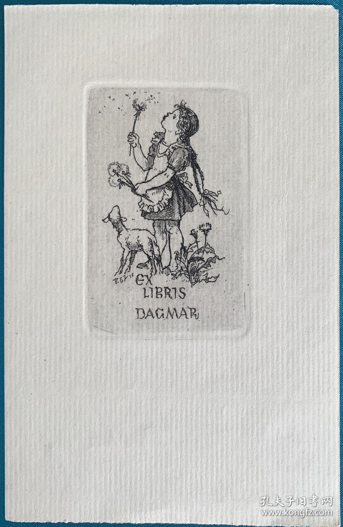 捷克早期铜版酸刻藏书票吹蒲公英的女孩2