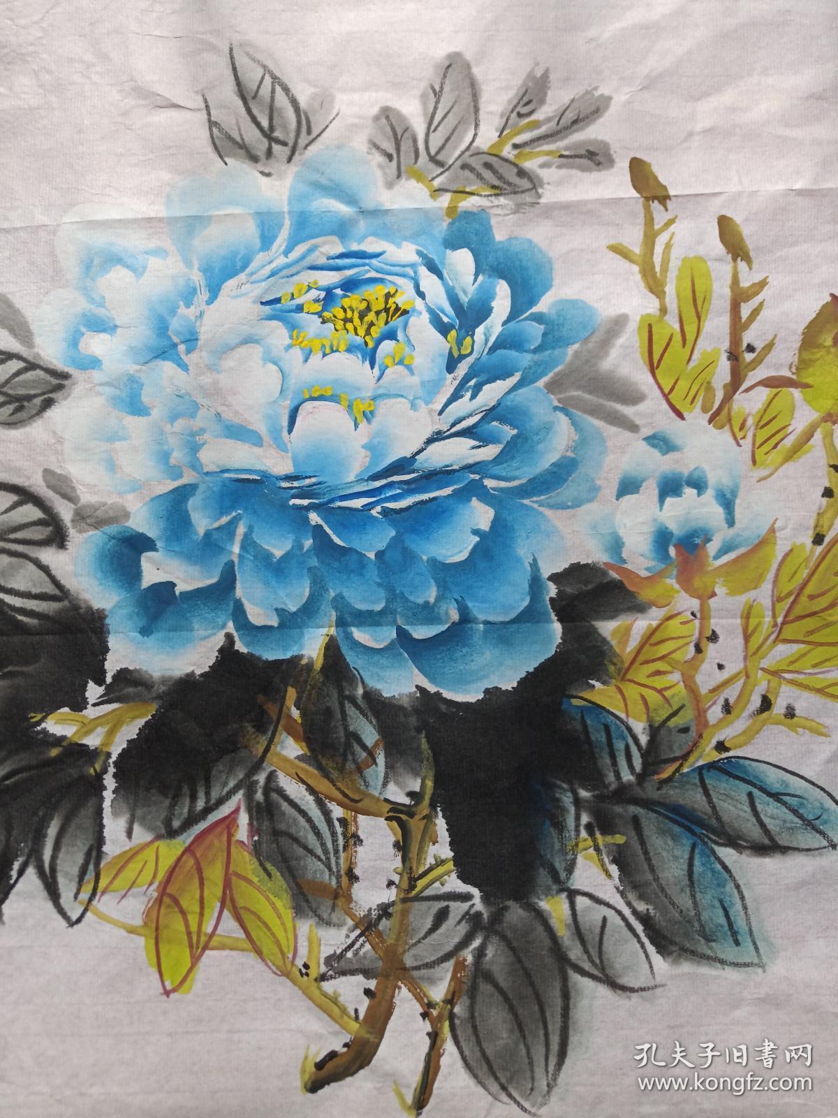 王艳同志蓝色牡丹花图国画镜心小品2020年7月国家一级美术师中国书画