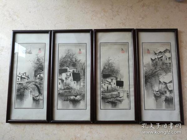 著名书画家田雨女士水墨画四屏36x16*4