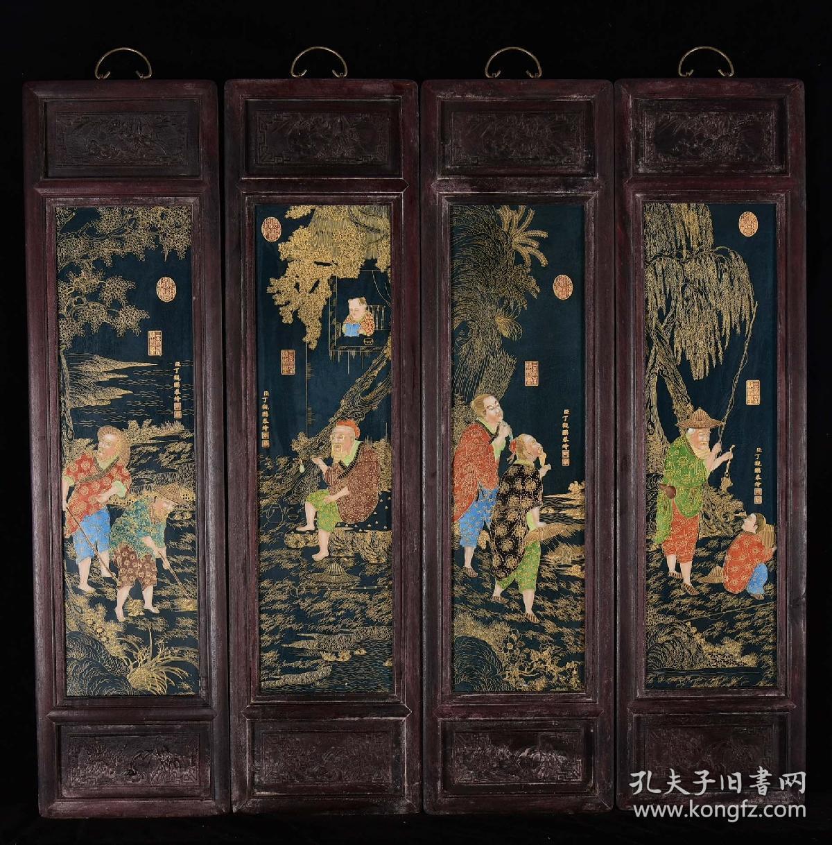 红木镶松石釉底珐琅彩掐金丝 丁观鹏款《渔樵耕读》四扇屏挂屏一套 高