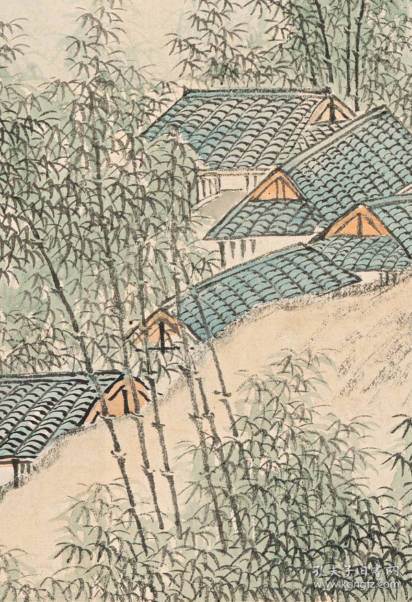 溥雪斋 竹林渔村图.纸本大小60*354.8厘米.宣纸原色仿真.微喷