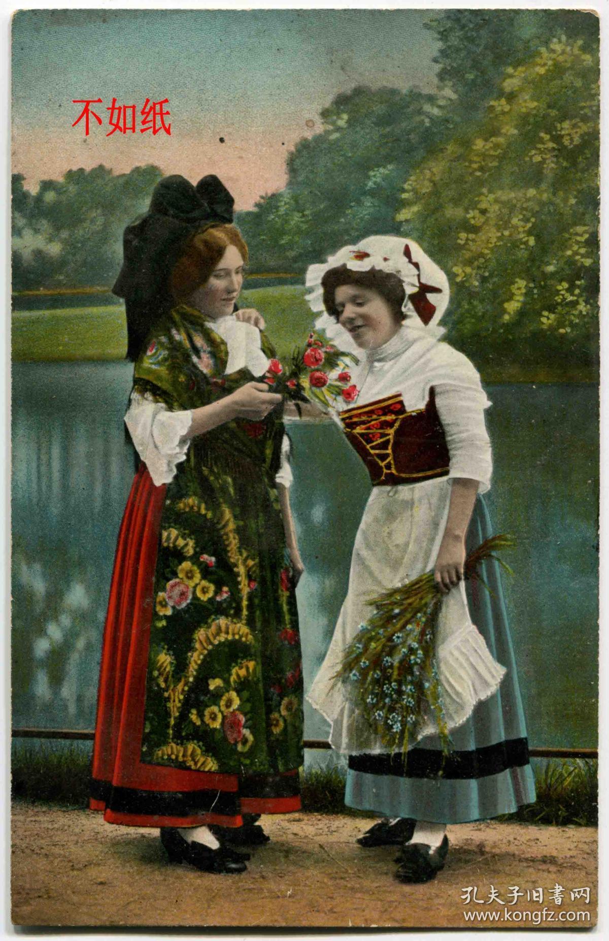 法国 明信片 1900-1920s 阿尔萨斯青年 妇女服饰 头饰 花束card01