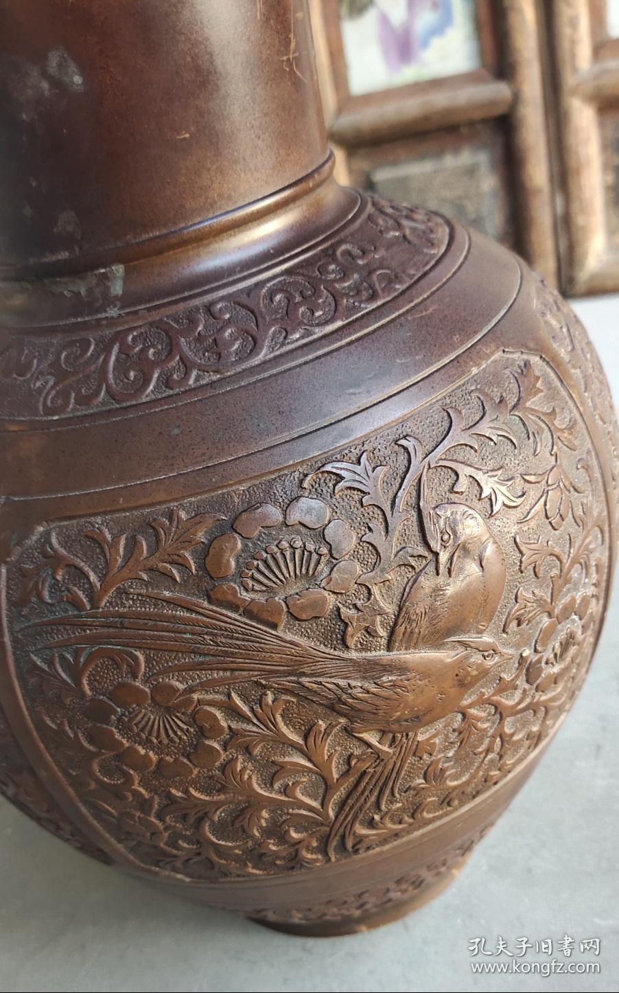 花鸟纹 老铜花瓶摆件 品相完整 保真保老高:30cm口部直径:9.