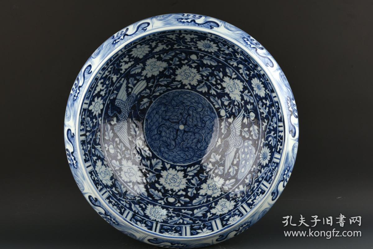 元青花缠枝花凤穿花纹卷口钵盆高19厘米 口径42厘米