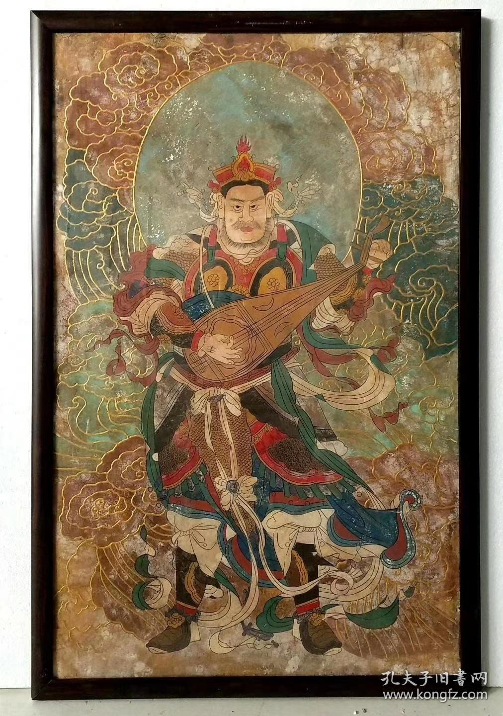 唐代描金"四大天王"墙皮画,整体壁画抠存,新裱老画.