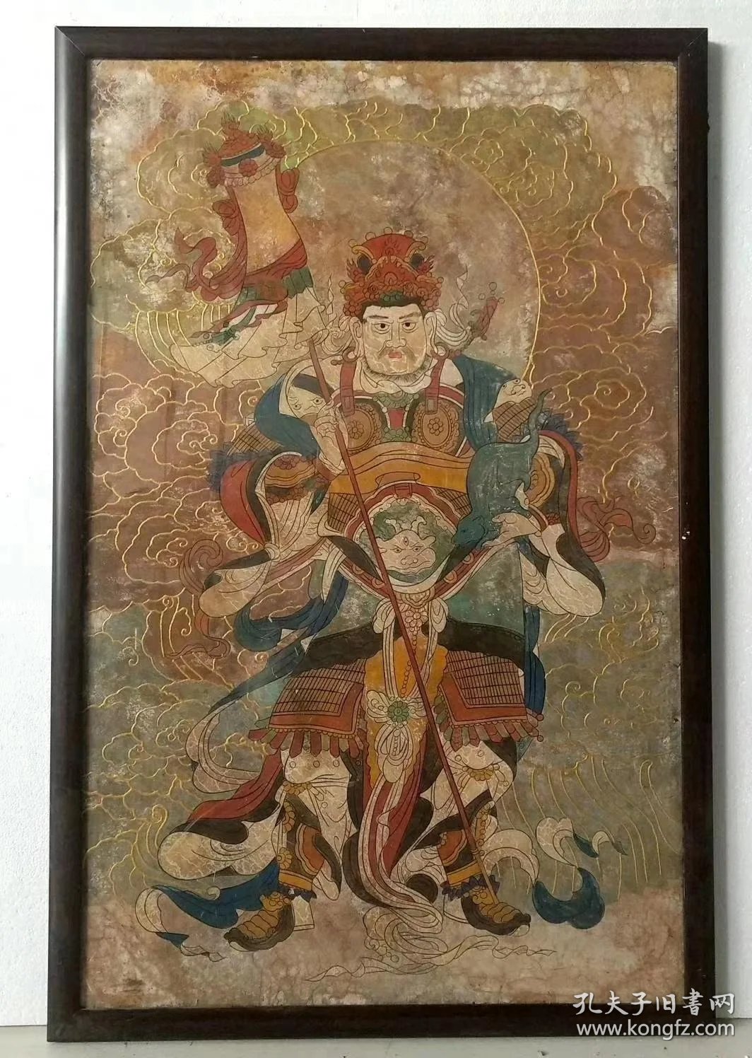 唐代描金"四大天王"墙皮画,整体壁画抠存,新裱老画.