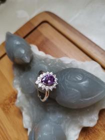 【精品】天然紫水晶火彩特别漂亮周围镶嵌锆石水滴戒指活口925银戒托