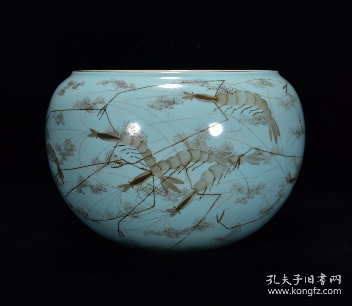 清乾隆年松石釉墨彩虾纹洗