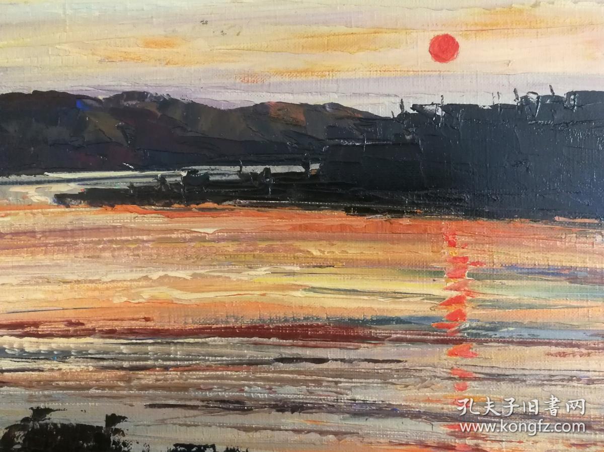 kamioka作品,渔港夕照,精品旧油画,日本原框,可直接上墙,收藏装饰礼品