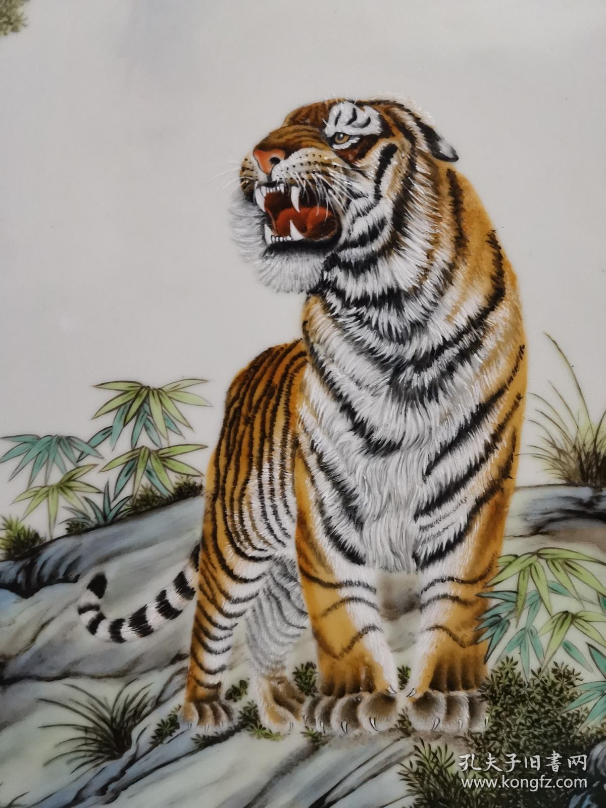 旧藏 名家"毕渊明"粉彩老虎瓷板画四条屏, 尺寸:高81cm宽28cm.