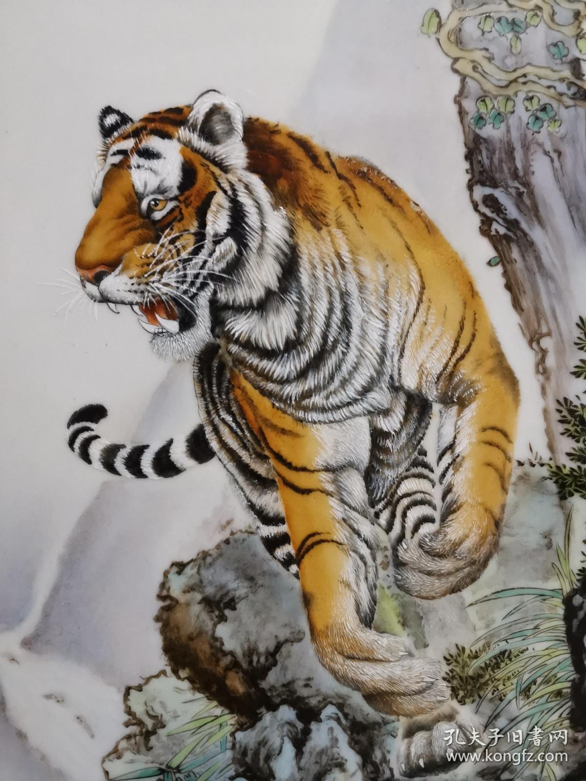 旧藏 名家"毕渊明"粉彩老虎瓷板画四条屏, 尺寸:高81cm宽28cm.