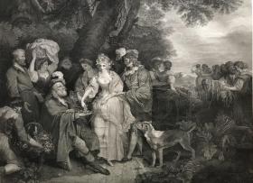 1792年，初版初印，巨幅线刻铜版画《冬天的童话》莎士比亚戏剧-冬天的童话-第四幕-第三场，博伊德尔莎士比亚画廊作品。绘画：弗雷 威特利 雕刻：杰 费尔勒。54x67cm，画芯 44x60cm。