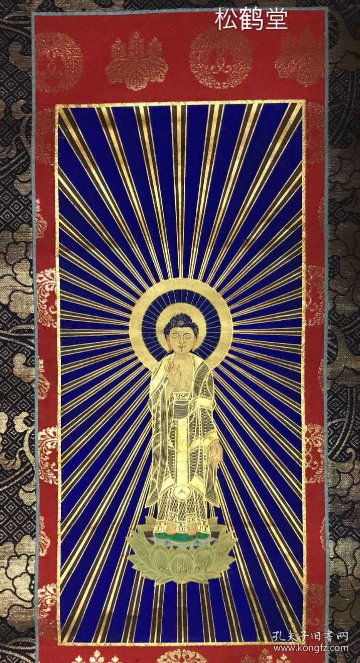 画面为阿弥陀佛,面相好,端立于莲花台上,作接引手印,四周佛光洋溢