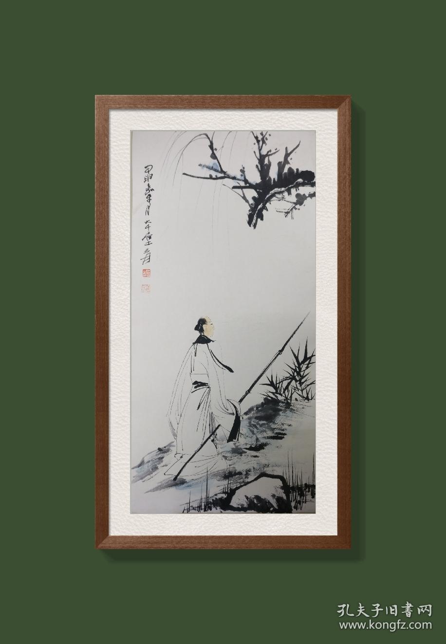 张大千(款)|人物 高士策杖图 卡板镜心